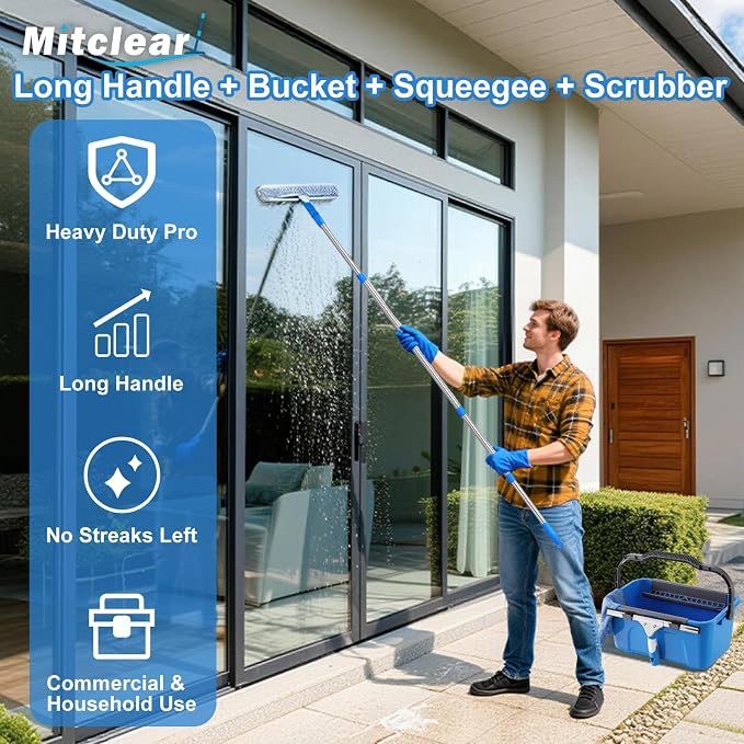 Mitclear Professional Window Cleaning Kit with Bucket 3 Gallon, 14" Window Squeegee Microfiber Scrubber with 77" Long Handle, Window Washing Equipment Cleaner Tools for Home Outdoor Car Commercial Use