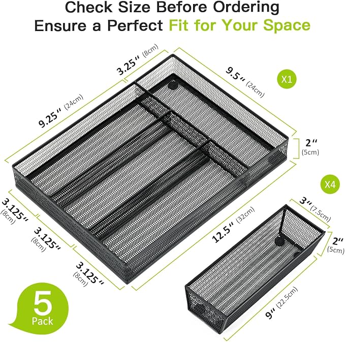 Neudeco Drawer Organizer Set, Black Mesh, 5 Pack | 4-Compartment Silverware Organizer Tray, 4 Utensil Trays, For Flatware, Cutlery, Office Supplies, Non-Slip