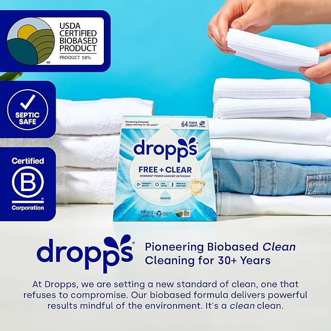 Dropps Free & Clear Laundry Detergent Pods (64 Count) - Unscented liquid Pods | Fights Odors & Stains | Free of Dyes Parabens & Perfumes | Hypoallergenic | Clean Ingredients | Plastic Free Packaging