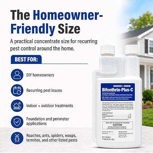 Bifenthrin Plus-C Insecticide (16 oz) - Roach Killer Indoor Infestation, Termite Treatment, Ant Control & Wasp Spray - Home Defense Pest Control, Residential, Commercial, and Industrial Use