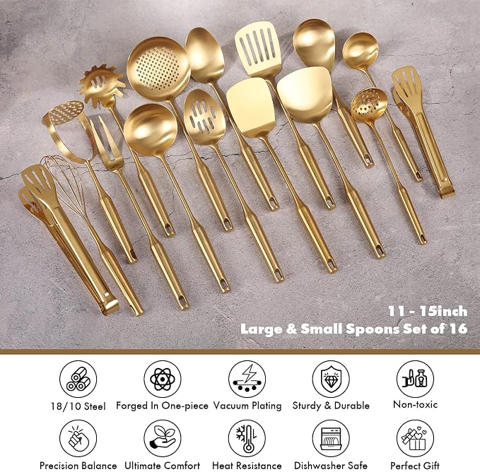 Gold Cooking Utensils Set - 16 PCS All Metal Small and Large Spoons Set | 18/10 Stainless Steel Kitchen Tools, 15″ Serving Utensil - Whisk, Masher, Fork, Tongs, Spatula, Turner, Ladle, Skimmer, Pasta