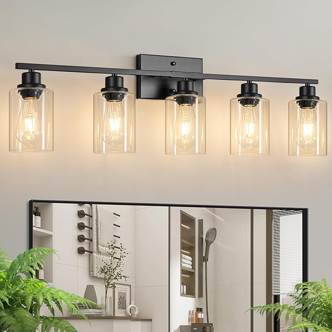 Ascher Bathroom Light Fixtures, 5-Light Vanity Light Over Mirror, Matte Black Wall Sconces with Clear Glass Shades, Wall Lamp for Living Room Bedroom, E26 Base(Bulbs Not Included)