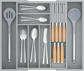 TIOPGHAD Bamboo-Silverware-Drawer-Organizer-Kitchen, Expandable Utensil Holder Cutlery Tray Flatware Organization Adjustable Wood Tableware Dividers Storage (with Removable Knife Block)(Grey)