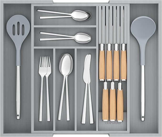 TIOPGHAD Bamboo-Silverware-Drawer-Organizer-Kitchen, Expandable Utensil Holder Cutlery Tray Flatware Organization Adjustable Wood Tableware Dividers Storage (with Removable Knife Block)(Grey)