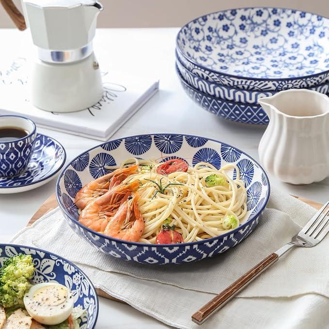 Selamica Ceramic Pasta Bowls Set 34 OZ, Large Salad Bowls 8.6 Inch Dinner Bowls for Kitchen, Wide Shallow Bowls Deep Plates for Pasta Soup, Microwave & Dishwasher Safe, Set of 6, Vintage Blue