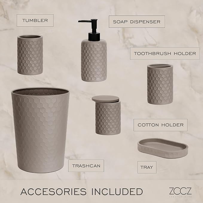 zccz 6 Piece Bathroom Accessories Set, Toothbrush Holder, Toothbrush Cup, Soap Dispenser,Bathroom Vanity Tray, Qtip Holder, Trash Can - Cement