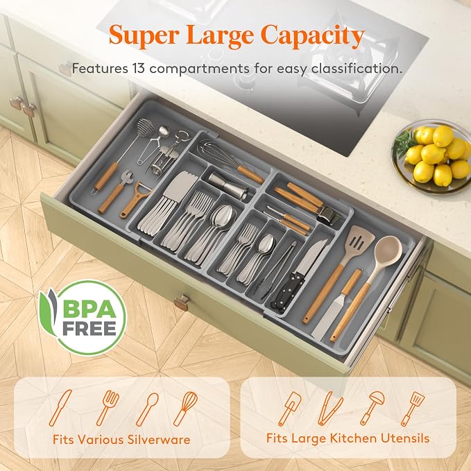 Lifewit Silverware Drawer Organizer, Expandable BPA Free Plastic Utensil Tray for Kitchen, Adjustable Flatware Cutlery Holder for Spoons Forks Knives, 21.3- 36 x 16.9", Gray