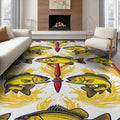 8'x10' Washable Area Rug Bass Splash Lure Bold Outlined Reel Tackle Motif Fish Fishing Refined Structured for King Size Bedroom, Master Suite, Under Bed, Foldable Easy Care
