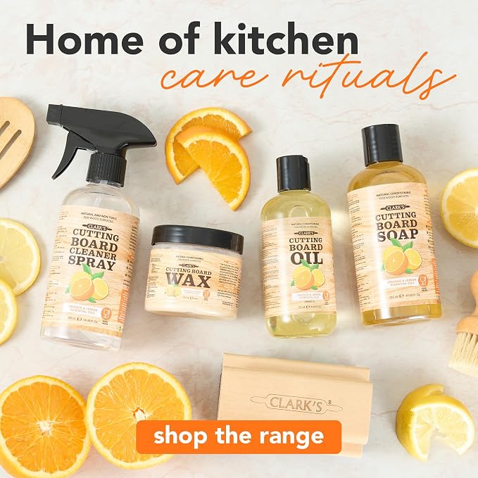 CLARK'S Food Grade Cutting Board Full Care Kit, Orange Lemon Scent - 6 Pack | Includes Food Grade Mineral Oil, Cutting Board Wax & Cleaner, Oil & Wax Applicators, Buffing Pads - Restores & Protects