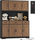 HOSTACK 71" Tall Kitchen Pantry Cabinet, 55" W Kitchen Hutch, Brown/Black | Large Pantry Cabinet with Charging Station / Countertop / 3 Drawers, Farmhouse Hutch Cabinet with Storage for Dining Room