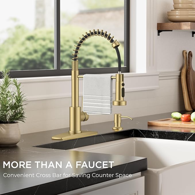 FORIOUS Gold Kitchen Sink Faucet, Stainless Steel Single Handle | Classic Commercial Kitchen Faucet with 3 Modes Sprayer, Suitable for Outdoor Laundry Rv Bar, with Deck Plate for 1 or 3 holes