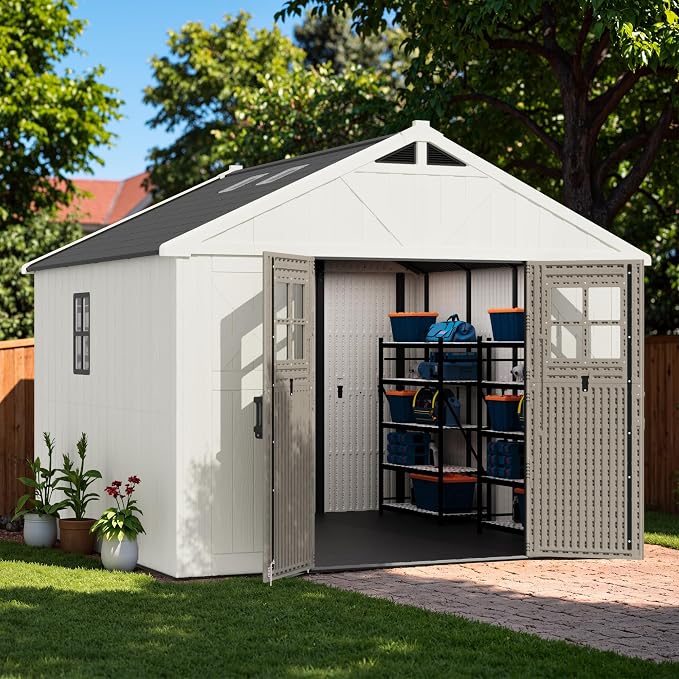 Greesum 10X10FT Plastic Outdoor Storage Shed with Floor and Lockable Door, Resin Sheds with 4-Windows and Multiple Skylights, HDPE Kick-it Shed for Garden, Patio, Backyard, Beige