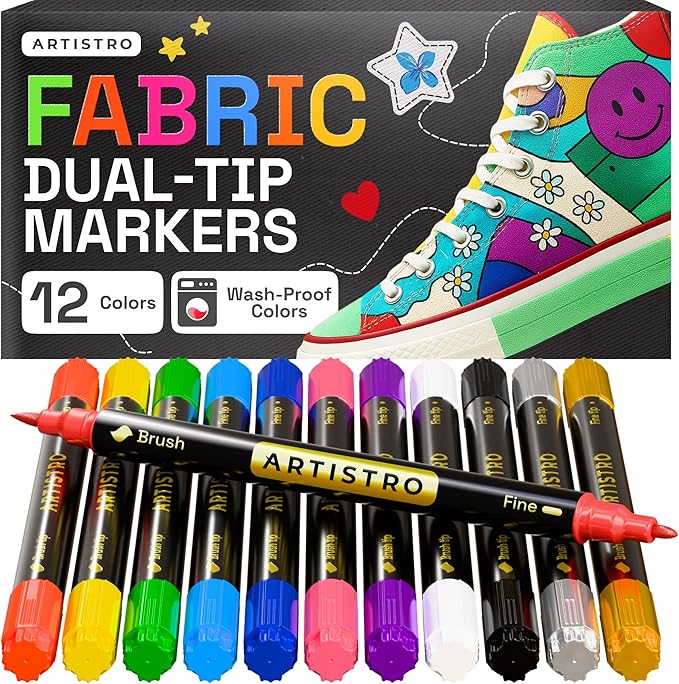 ARTISTRO 12 Dual-Tip Fabric Markers Decorating Kit, Permanent for Clothes | Brush & Fine Tip, Acrylic Paint Pens for Sneakers, Bags, Shoes, Textiles, Canvas, Sewing, Craft, & DIY