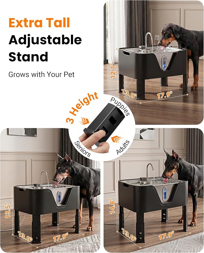 4.75Gal/ 18L Large Dog Water Fountain Elevated Dog Water Bowl & 3 Filters | 3-Height Adjustable Dog Water Bowl Dispenser, Quiet Stainless Steel Pet Water Fountain for Giant Breeds, Water Level Alert