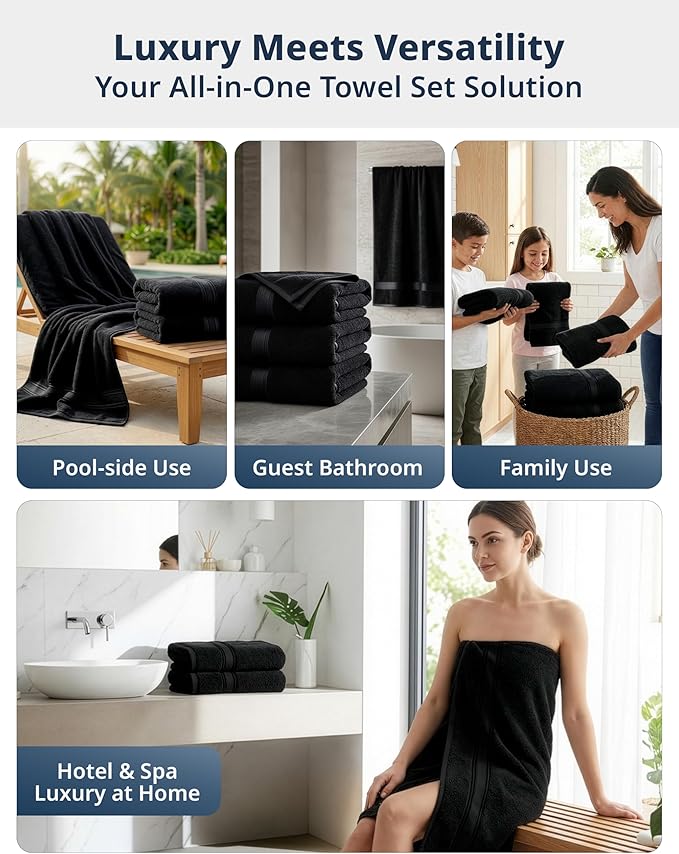 LANE LINEN 100% Cotton Bath Towels 4 Pack (28"x54") - Zero Twist, Mercerized Cotton Large Towel Set for Bathroom - Quick Dry, Soft & Absorbent Large Bath Towel Set - Oeko Tex Certified - Black Towels