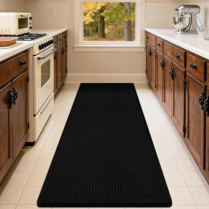 Extra Large Waffle Bath Mat Black 6'x2'(72" x 24"), Boho Woven Modern Bath Mat Rugs, Absorbent Non Slip Bathroom Rugs, Soft Washable Bath Rugs with Tassels for Bathroom, Bedroom, Kitchen, Shower, Tub