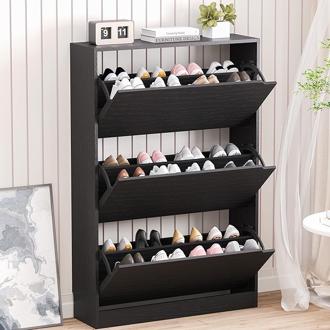 BORNOON Shoe Storage Cabinet with 3 Flip Drawers,Narrow Shoe Rack Cabinet,Freestanding Organizer Storage for Entryway, Hallway, Black