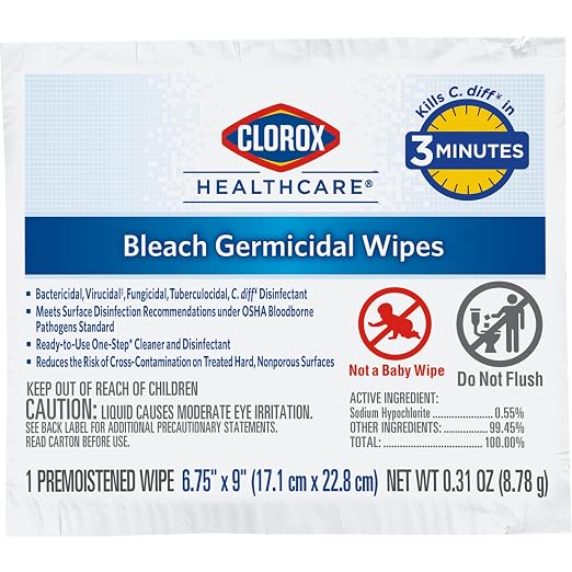 Clorox Healthcare Bleach Germicidal Individual Wipes, 6.75" x 9", 50 Count, Pack of 6 (Package May Vary)
