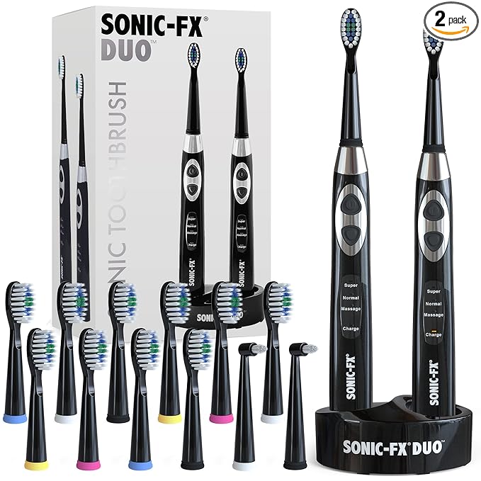 Sonic-FX Duo Rechargeable Electric Toothbrush Set - with 14 Brush Heads, 3 Modes, Smart Auto-Timer, Charging Dock Holder - Dual Handle Electric Tooth Brush for Adults & Kids, Black