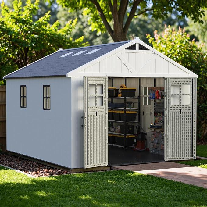 Greesum 10X12FT Plastic Outdoor Storage Shed with Floor and Lockable Door, Resin Sheds with 5-Windows and Multiple Skylights, HDPE Kick-it Shed for Garden, Patio, Backyard, Beige
