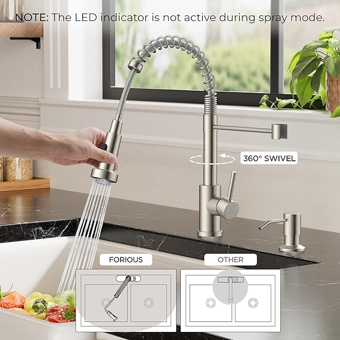 FORIOUS LED Kitchen Sink Faucet, Stainless Steel Brushed Nickel Kitchen Faucet with LED Light Sprayer, Commercial Transitional Single Handle Spring Faucet for Kitchen Sink, Bar & Prep Sinks, RV Camper