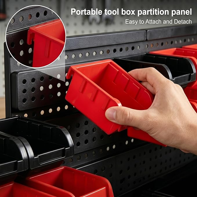 30Pcs Plastic Wall Mounted Storage Bins Parts Rack Nuts And Bolt Bins Organizer For Shop Garage for Screws, Nuts, Bolts, Nails, Beads, and Small Hardware Parts (RED+BLACK, 30)