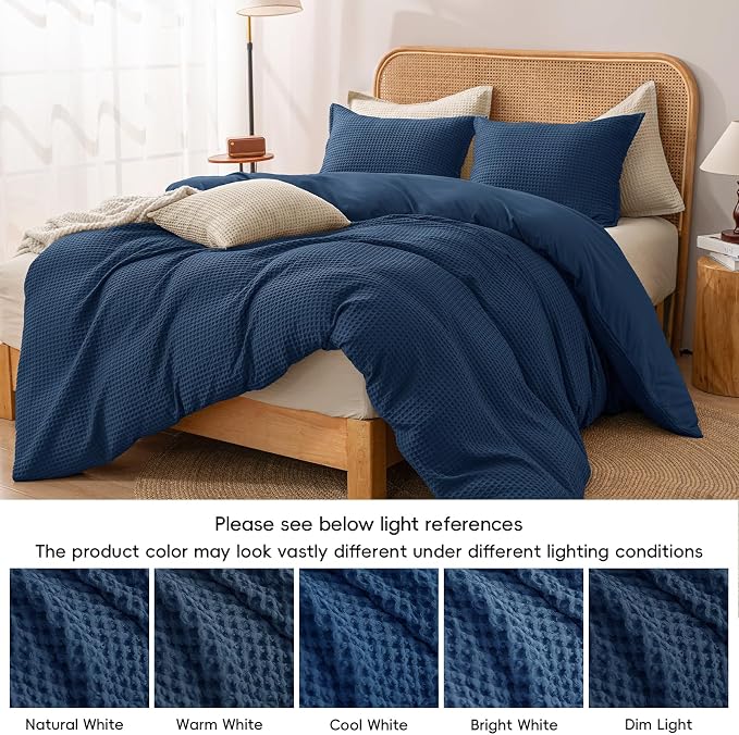 PHF Waffle Weave Duvet Cover Set King Size, No Snagging Ultra Soft Luxury Textured Breathable Comforter Cover for All Season 3pcs, Durable Bedding Duvet Set with 2 Pillow Shams, 104"x90", Navy Blue