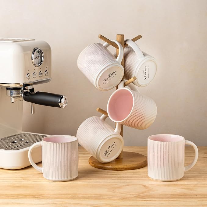 theterra Ceramic Coffee Mugs Set of 6, 14.2oz Handmade Coffee Cups with Handle for Latte, Tea, Milk, Beer, Hot Cocoa, Primrose Pink