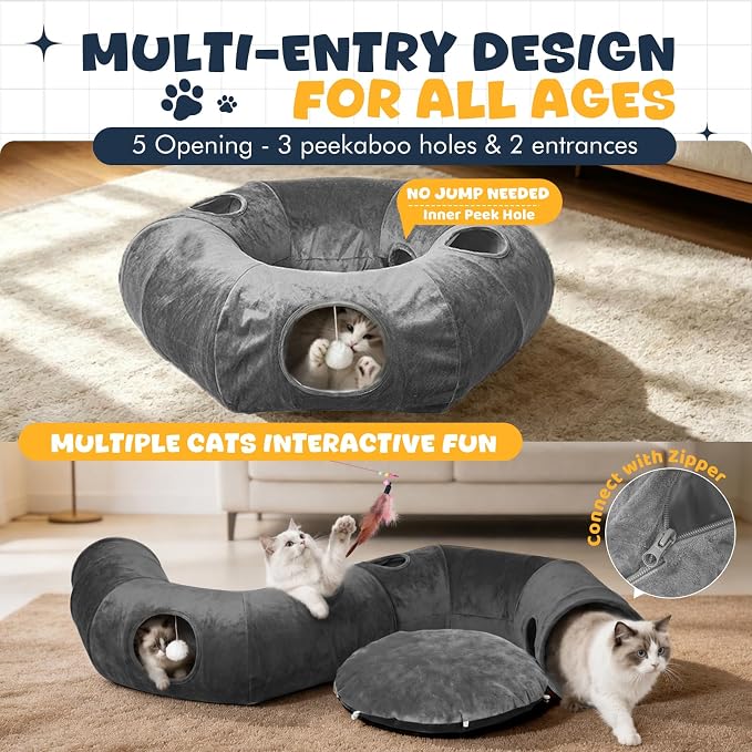 Cat Tunnel with Bed, Large Foldable Pet Donut Tunnel Interactive Cat Toys | Plush Cat Play Tunnel Toys with Ball, Peekaboo Cave Bed Cat Tunnel for Large Cats, Kittens, Rabbits, Puppies - Grey