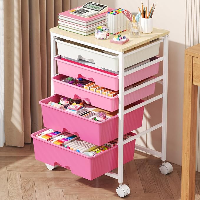 Goovilla Rolling Cart with 5 Drawers for Craft, Art, Dorm, Office, Pink | Utility Cart Organizer With 5 Removable Drawers and Wooden Tabletop, Lockable Rolling Storage Organizer for Classroom, Home