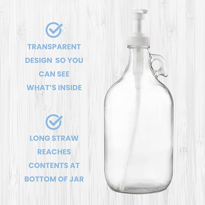kitchentoolz Half Gallon Glass Pump Dispenser Bottle, Large Jug with Pump for Laundry Soap Dispenser, Liquid Detergent, Fabric Softener, Syrup Pump - 64 oz Made in USA