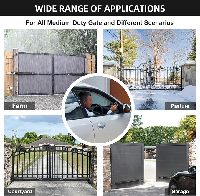 JUJIANG C01 Automatic Gate Opener with Remote Complete Kit for Swing Gate Up to 440lb 12FT per Arm, Electric Gate Openers Light Duty Dual Swing Gate Openers Automatic Gate Motor 40W AC Powered