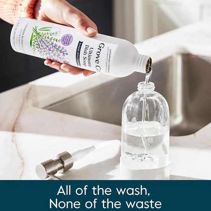 Grove Co. Dish Soap, 3 x 16 fl oz Refills + Refillable Glass Dispenser | Lavender Blossom & Thyme; Plastic-Free; Reusable dispenser; Refill format; Removes Stuck on Food; 98% plant-based ingredients