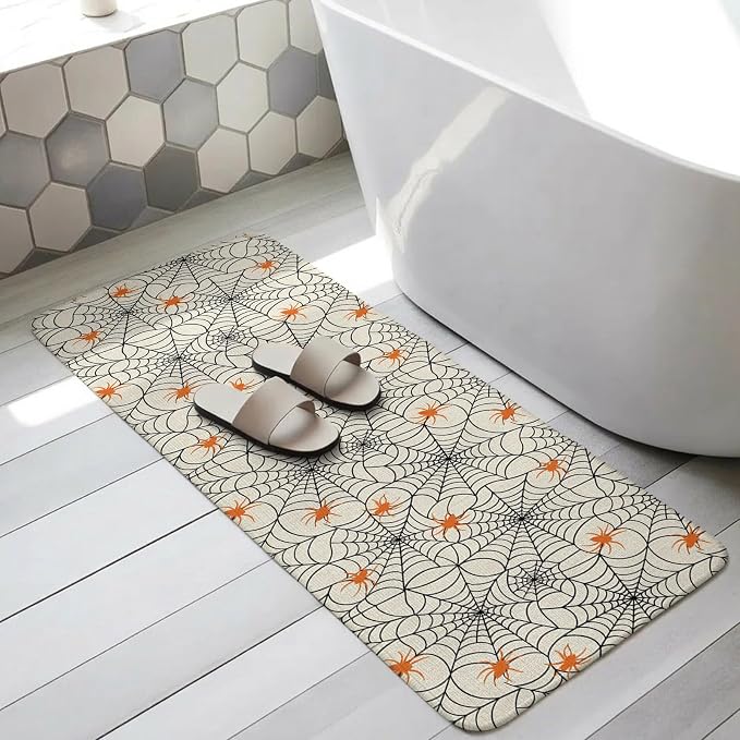 Halloween Bathroom Runner Rugs Non Slip Washable Absorbent Narrow Long Bath Mat Black Net Classic Spiders Gingham Orange Rustic Runner Rugs for Kitchen Hallway Bedroom Laundry Study Room 15.7"x47.2"