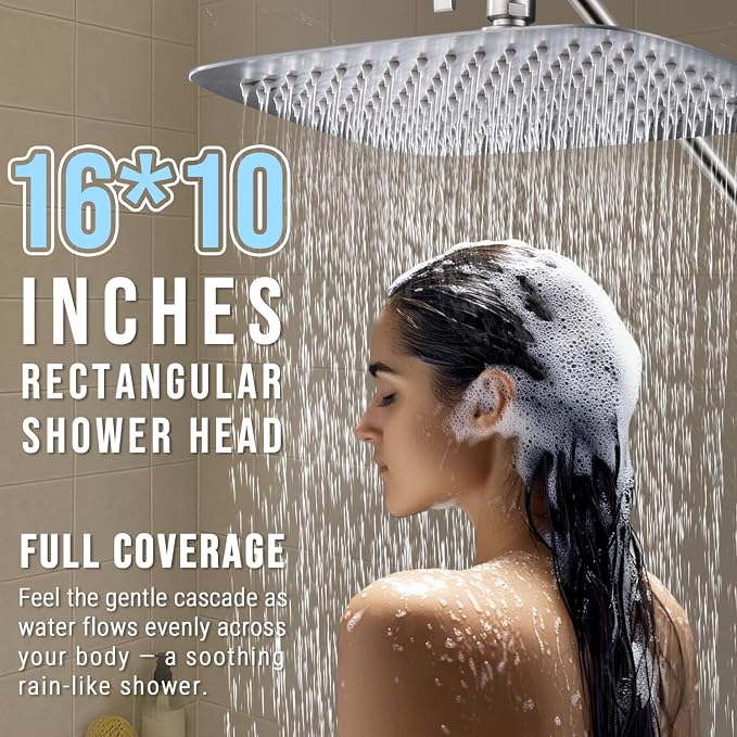 G-Promise All Metal 16 Inch Dual Square Shower Head with Handheld Spray Combo, Rain Shower Head, Adjustable Extension Arm, 3-Way Diverter, 71 Inch Extra Long Hose - A Bathroom Upgrade(Brushed Nickel)