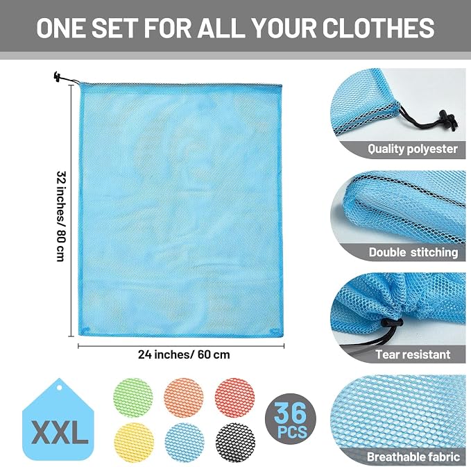 Berlune 36 Pcs 32x24 in Large Laundry Bag Colorful Extra Large Mesh Laundry Bag Bulk with Drawstring Heavy Duty Mesh Machine Washable Drawstring Pouch