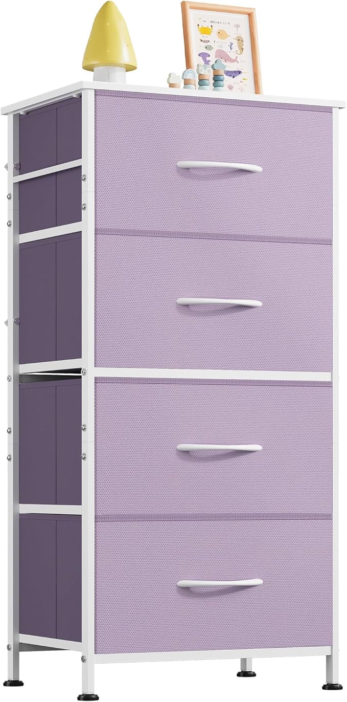 WLIVE Small Dresser Nightstand for Bedroom, 4 Drawers, Purple | 4 vertical fabric drawers, Space-saving tower, Bedroom or closet use, Chest of drawers, Dresser for small spaces