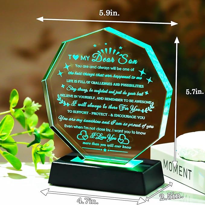 Arikyrist Son Gifts with Coloful LED Base Meaningful Birthday Gifts for Son from Mom Dad Inspirational Crystal Keepsake for Graduation Gifts for Adult Son To My Son Present on Fathers Day Christmas Valentines