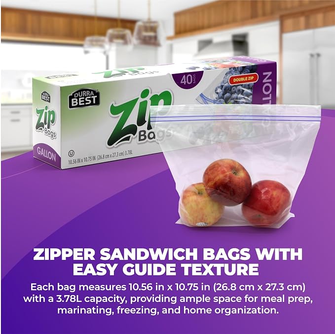 1 Gallon Storage Zip Bags - 160 Count | Extra Large, Resealable, Leak-Proof & Freezer Safe Food Storage Bags with Double Zip Lock | Durable, BPA-Free, Multi-Purpose | DURRA BEST
