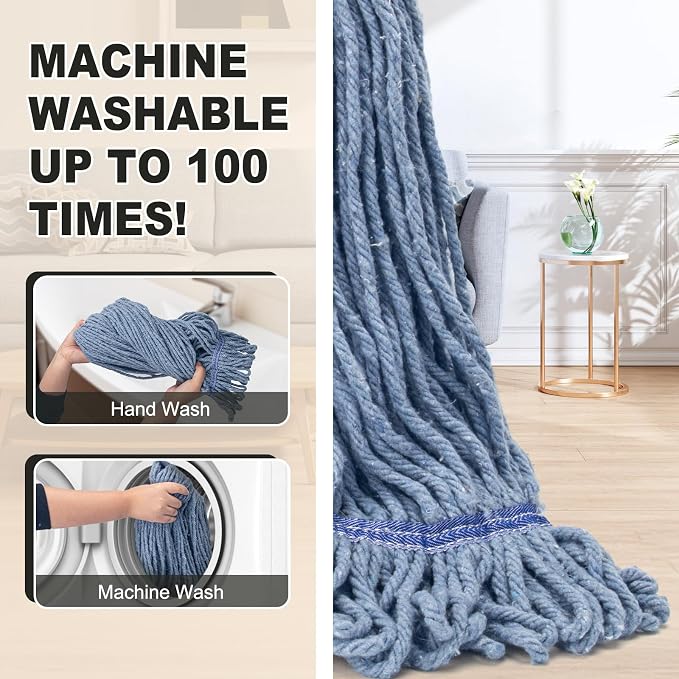 Commercial Industrial Mop with 3 Extra Large Reusable Replacement Head,59" Long Handle Heavy Duty Wet Mops,Looped-End String Cotton Mop for Floor Cleaning,House,Kitchen,Office,Garage,Tile(Blue)
