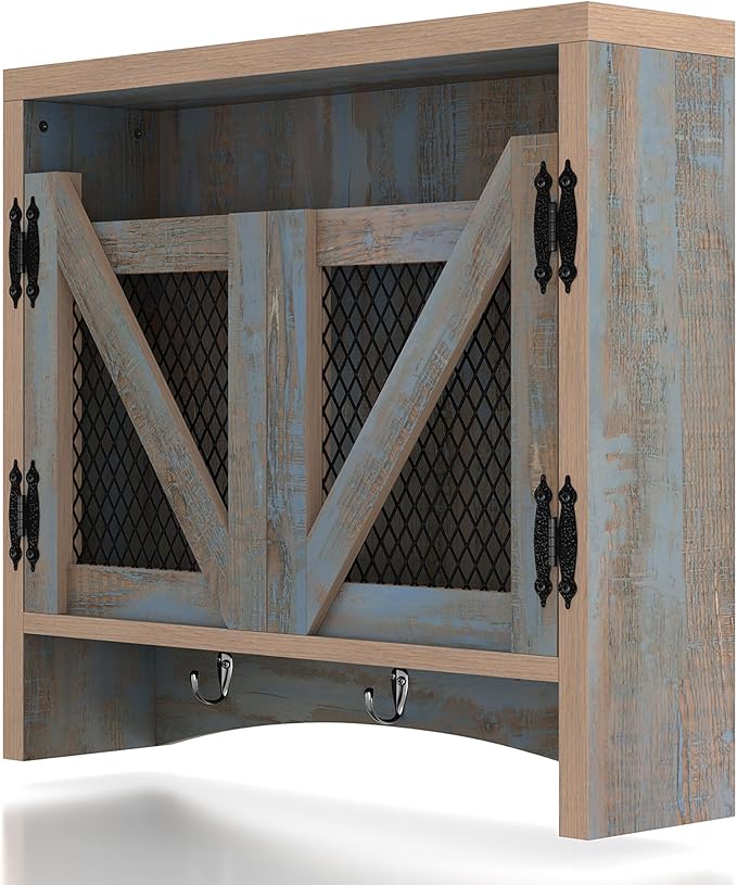UNA Farmhouse 2 Shelves Wood Wall Cabinet with Net Doors for Bathroom, Kitchen, Living Room, Bedroom, Home Office, Laundry Room, Distressed Blue