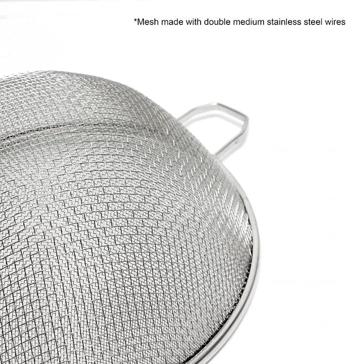TrueCraftware- 10-Inch Double Medium Mesh Strainer Stainless Steel 10-3/4" Handle Length Wooden Handle- Kitchen Utensil Food Strainer Skimmer Spoon for Cooking Sieve Sifters Pasta Fruits Vegetable