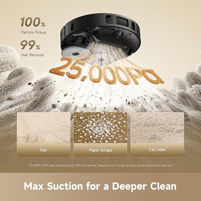 DREAME D30 Ultra CE Robot Vacuum and Mop with Auto Dust Emptying, 25,000Pa Suction, 0.41in Mop Lifting, Multifunctional Base Station, Mop Self-Washing, Smart Obstacle Avoidance, Black