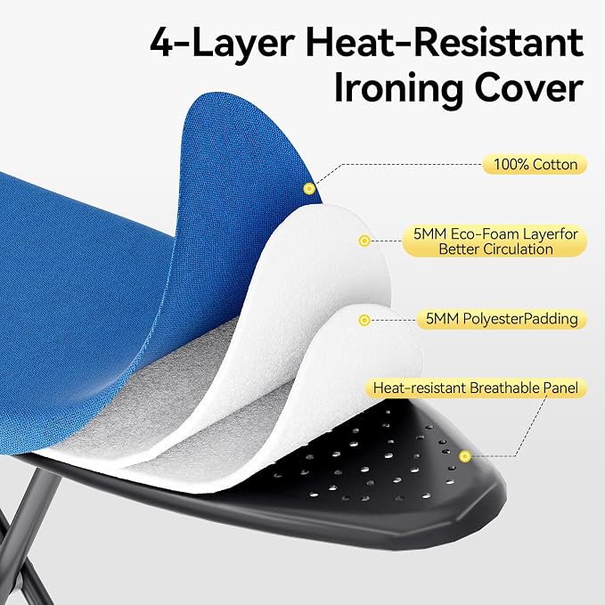 Ironing Board Full Size, Iron Board with Silicon Rest, Foldable Ironing Boards Standard Size, Heavy Duty Iron Stand Boads, Ironing Table with 7 Height Adjustable Anti-Slip Feet, 13x43 Blue