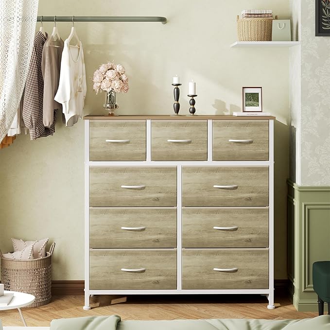OLIXIS 9 Drawer Storage Dresser with Wood Top - Wide Fabric Chest Organizer for Bedroom, Closet, Living Room,Tower Cabinet, TV Stand, Hallway Entryway Furniture,Oak Greige