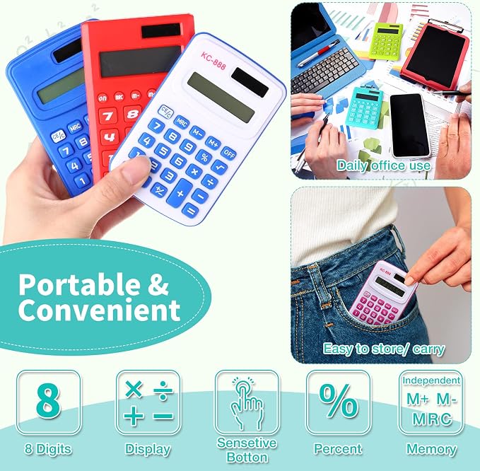 Yunsailing 48 Pcs Pocket Calculators Bulk Mini 8 Digit Handheld Calculator Small Basic Standard Calculator for Students Kids Teachers School Desktop Home Office, 3 Designs (Classic)