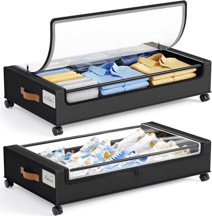 Yecaye Under Bed Storage with Wheels 60L, 2 Pack Under Bed Storage Containers, Underbed Shoe Storage with Clear Window & Label, Rolling Under Bed Metal Drawer for Clothes, Shoes, Books, Black