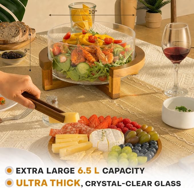 X-Large 6.5 L Glass Salad Bowl with Lid Set, Decorative Glass Mixing Bowl, Trifle and Serving Bowls with Lids as Cheese Charcuterie Board and Plate, Comes with Wood Serving Utensils