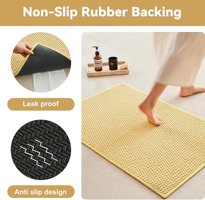 Triohero Bathroom Rugs Non Slip Washable, Super Absorbent Thin Bath Mat Quick Dry Low Pile Bathroom Rug, Yellow 24"x36"