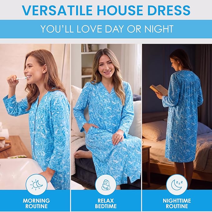 Casual Nights Women's Floral Snap Front Flannel Duster Long Sleeve Lounger Dress